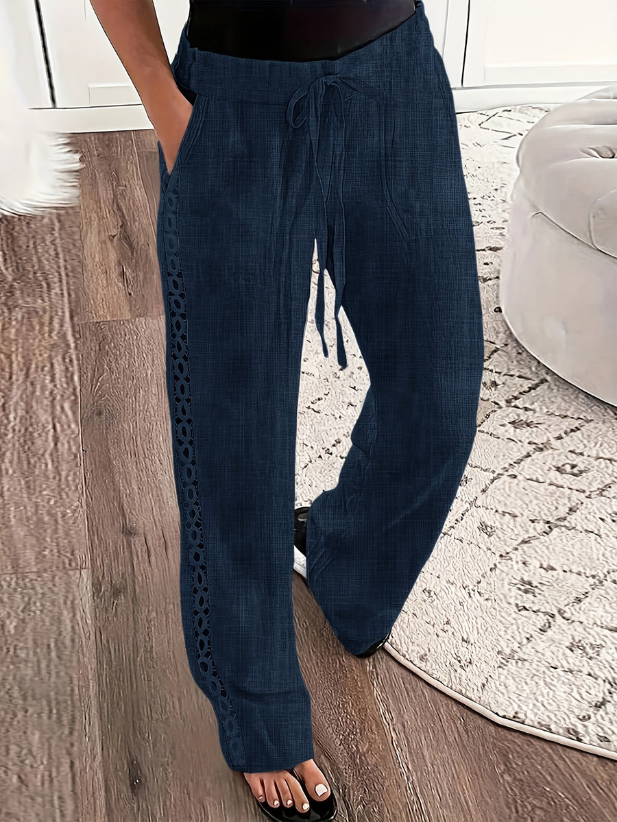 Women'S Solid Color Long Pants, Side Seam Lace Trim, Casual Wear, Loose Trousers - Navy Color