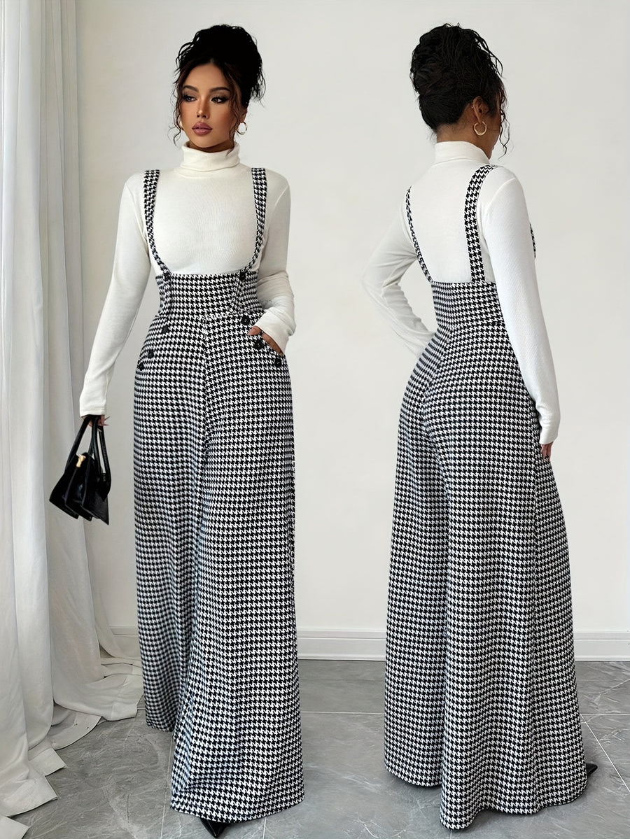 Elegant Women's Houndstooth Print Spaghetti Strap Wide-Leg Jumpsuit - Black