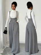 Elegant Women's Houndstooth Print Spaghetti Strap Wide-Leg Jumpsuit - Black
