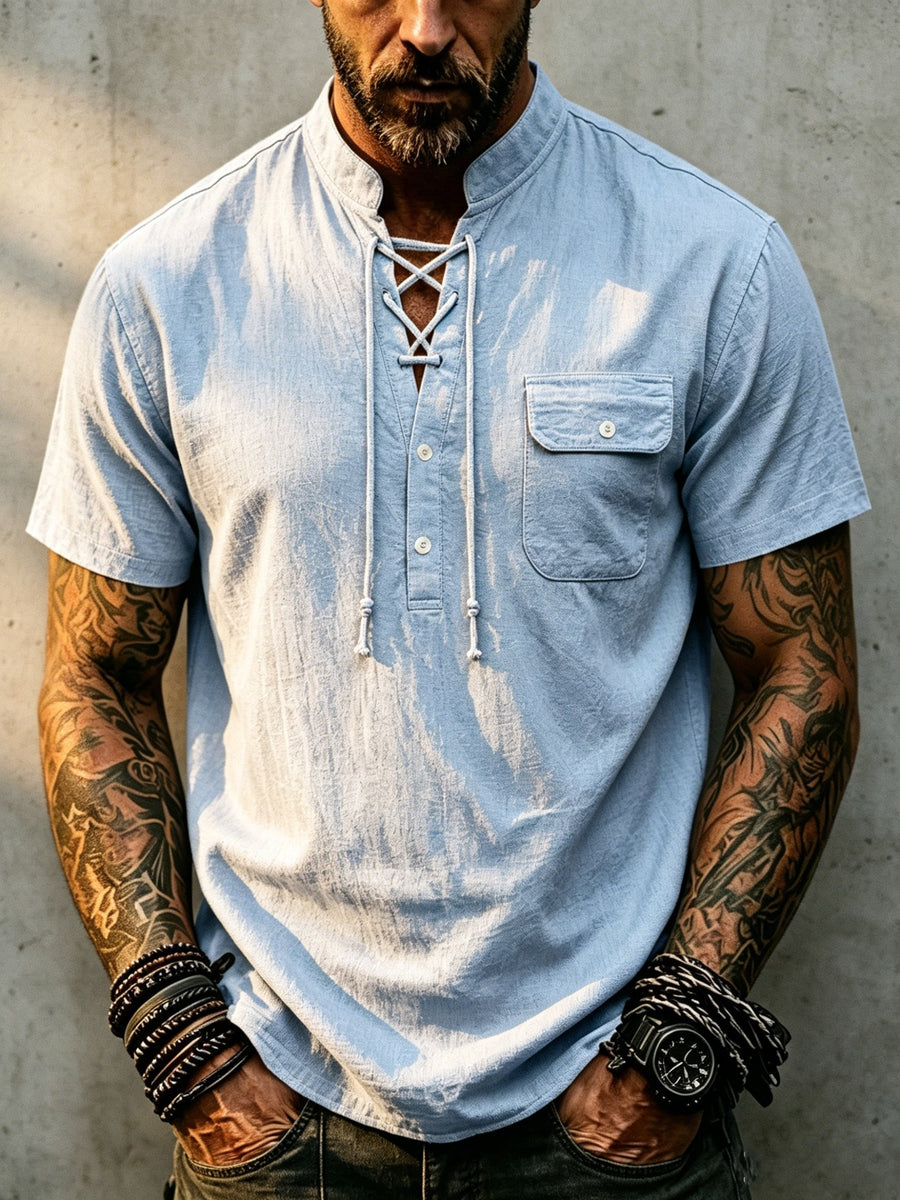 Men's Vintage Medieval Henley Shirt - Short Sleeve Mandarin Collar Cross Drawstring Blouse | Loose Fit Linen Look Top | Suitable for Casual Vacation, Outdoor & Casual Attire, Multi-Color Options - Light Blue