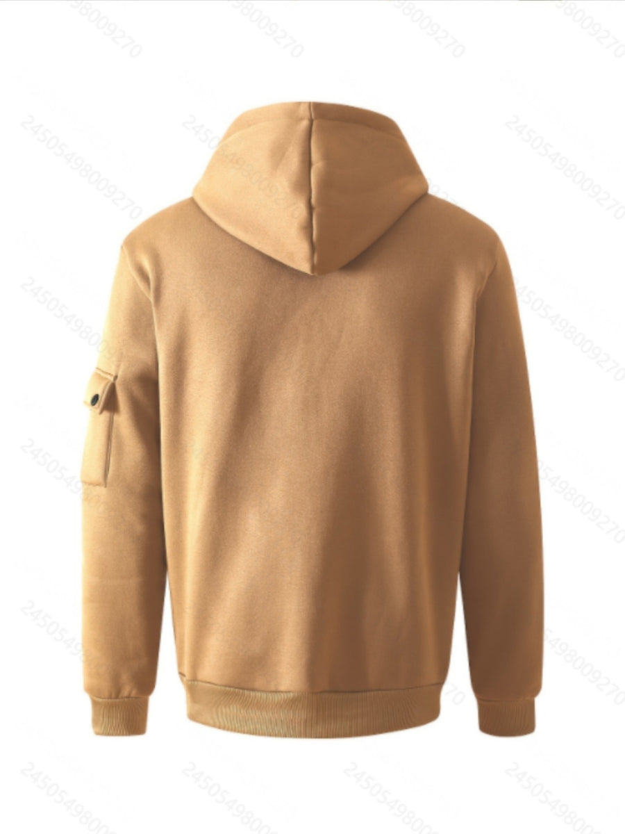 Men'S Basic NY Uppercase Letter Print Cargo Hooded Zipper Cardigan Casual Jacket - Khaki