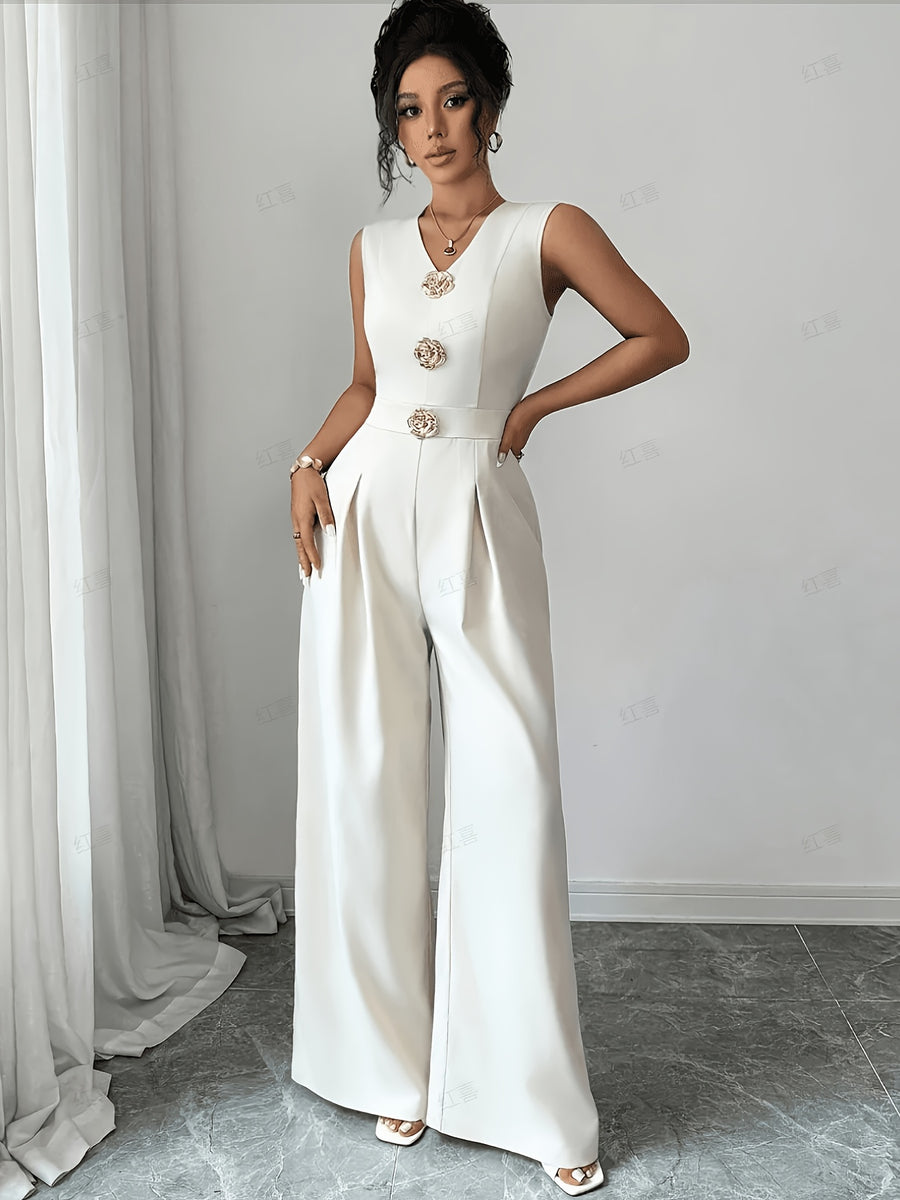 Light Luxury Elegant Style Metal Rose Buckle V-Neck Sleeveless Women'S Jumpsuit Wide-Leg Pants, High Drape Wrinkle-Resistant Easy-Care Fabric, Temperament High-Waist Wide-Leg Jumpsuit, Suitable for Commuting Banquets Parties Dates - White