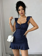 Women'S Vintage Ruffled Hem Fitted A-Line Dress, Elegant Sexy French Waist-Cinching Tight Summer Dress - Navy Color