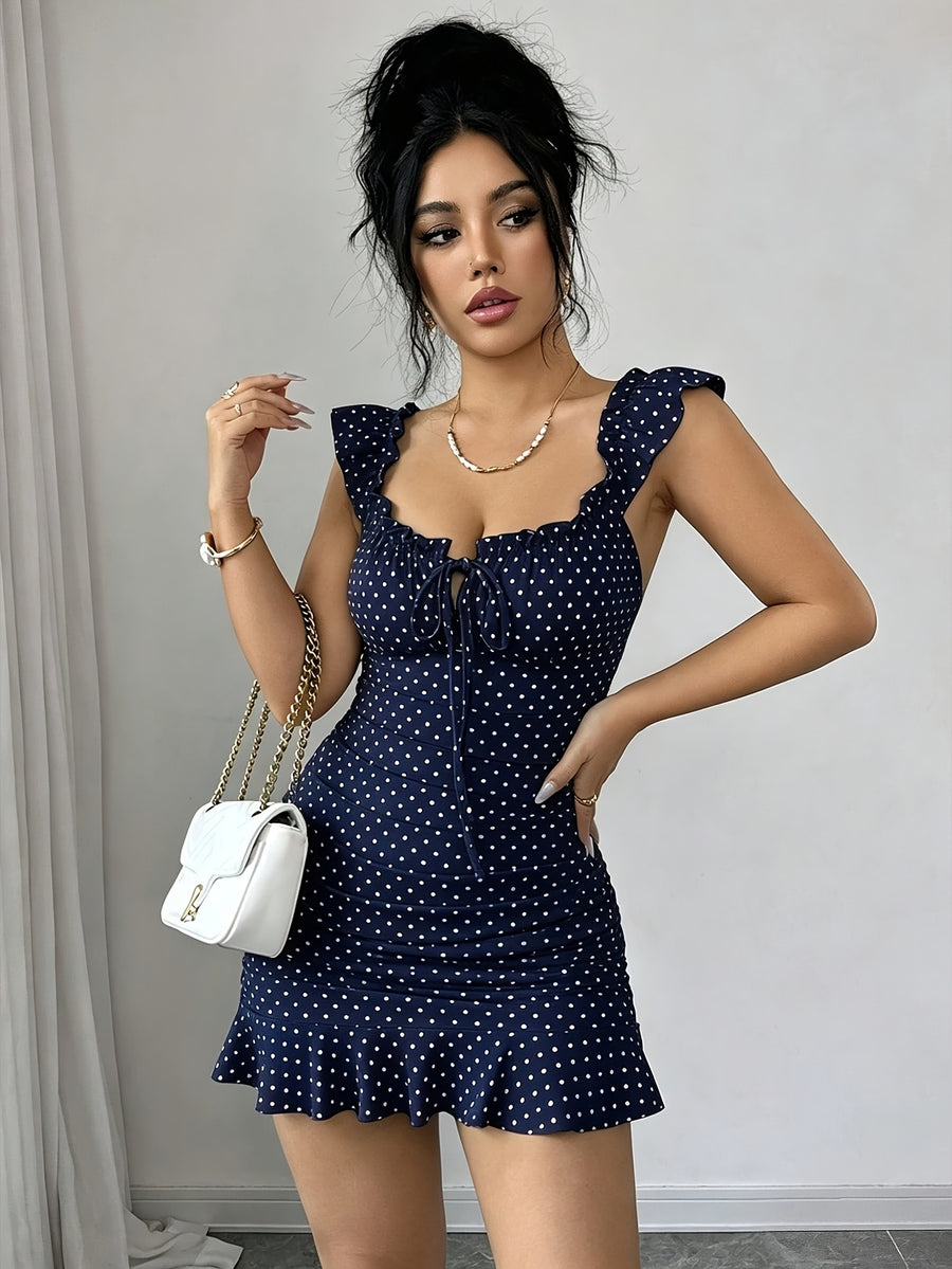 Women'S Vintage Ruffled Hem Fitted A-Line Dress, Elegant Sexy French Waist-Cinching Tight Summer Dress - Navy Color