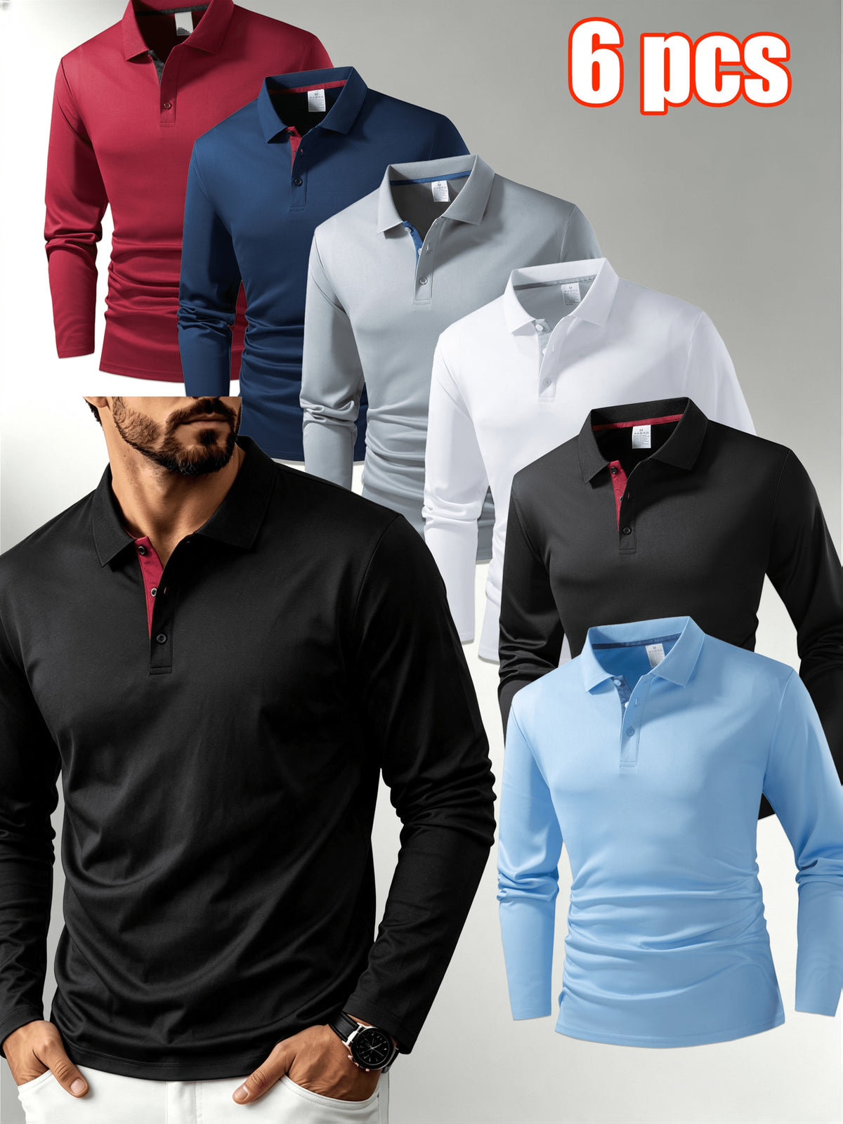 Six-color 6pcs Set of Men's Long-sleeve Solid-color Polo Shirts, Comfortable and Breathable, with a Classic Business Style Featuring a Solid-color Lapel. These Men's High-neck Tops Are Versatile for Daily Wear as Pullovers, Offering a Breathable - 6pcs [Black + White + Gray + Navy + Burgundy + Light Blue]