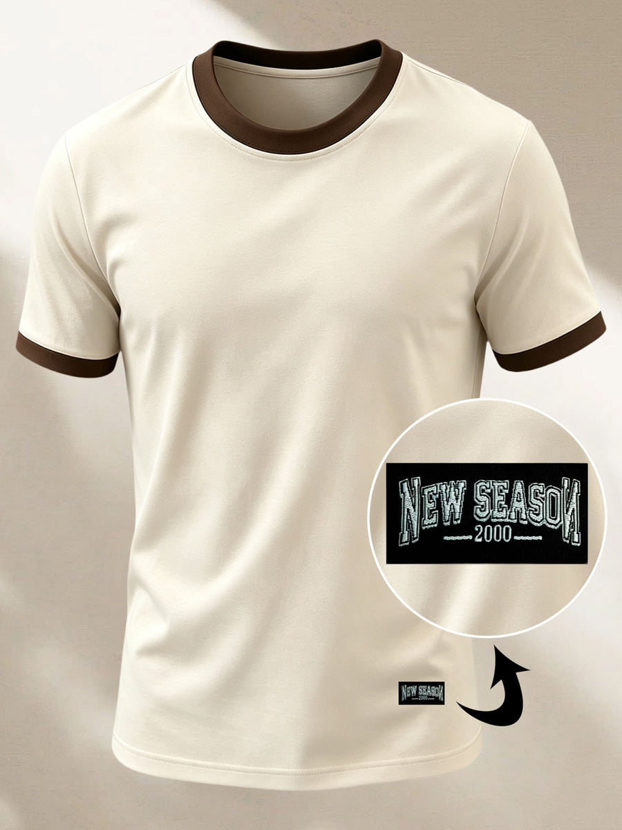 100% Cotton Men's Knitted Color-Block Crew Neck Patched T-Shirt, Summer All-Season Base Layer, Factory-Made for Men, Comfortable, High Quality, High Fit Rate, Casual Sportswear with Contrast Hem and Patch Appliqué - Apricot Coffee ZZ020