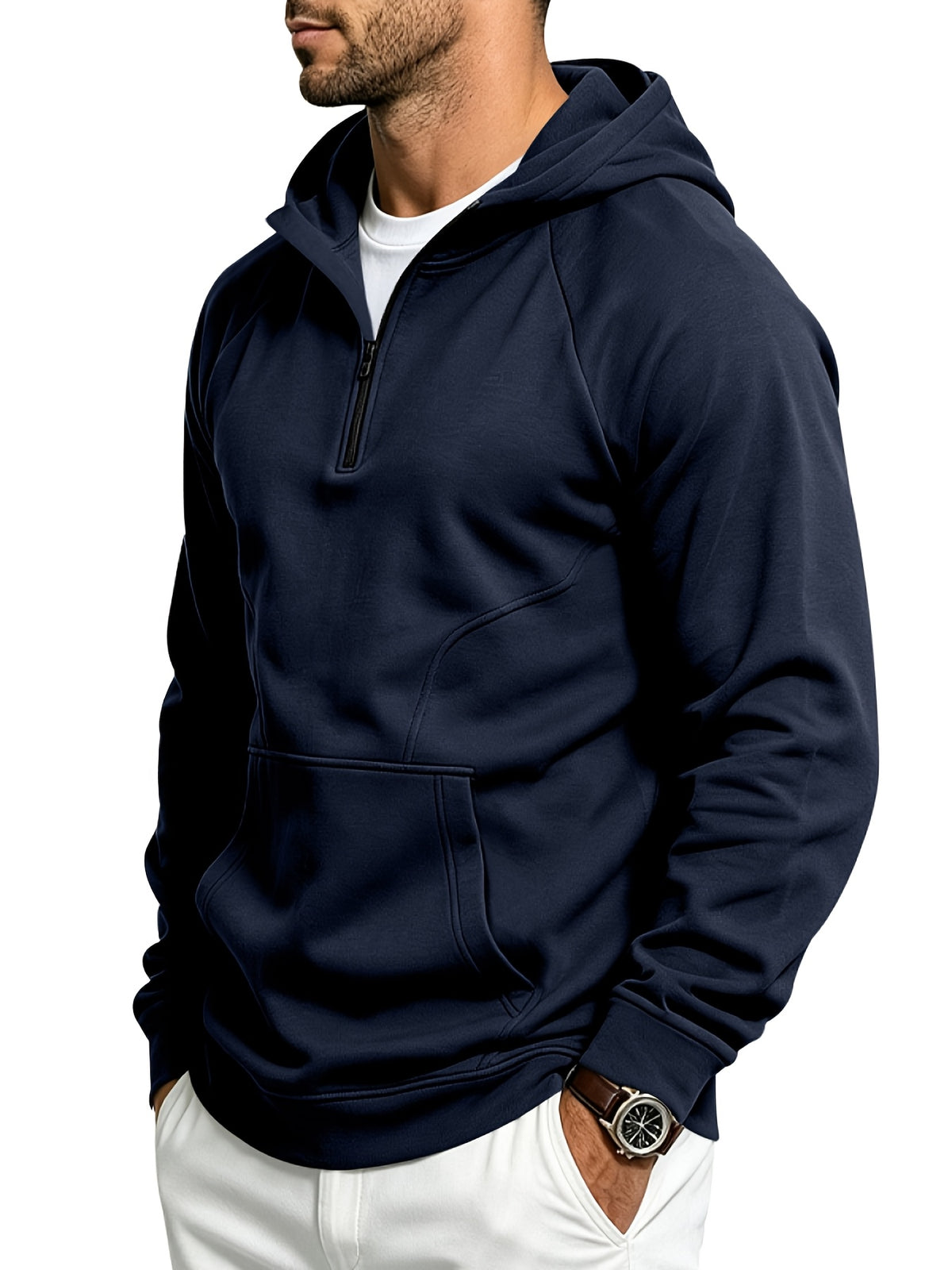 Men's Autumn/Winter Outdoor Loose Fit Casual Sporty Fitness Spliced Hooded Sweatshirt - Navy Color