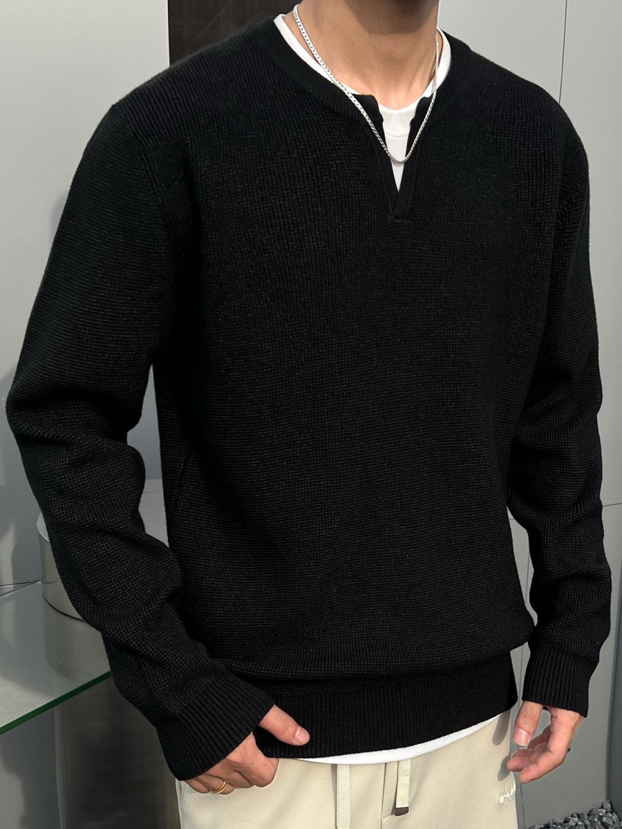 Men'S Notch Henley Long Sleeve Knit Sweater Waffle Textured Crew Split Neck Solid Color Casual Fall Winter Knitted Pullover Top - Black Gray