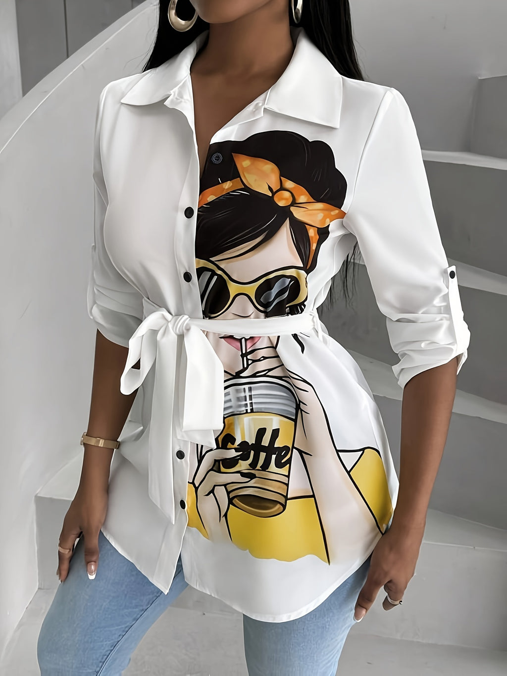 Directional European And American Fashion Portrait Printed Button-Up Long Sleeve Shirt - White