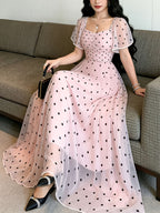 Elegant Pink Polka Dot Print Fashionable Square Neck Short-Sleeved Design Women'S Easy Long Dress, Summer Waist-Cinching Elegant Long Skirt, Suitable for Summer Vacation And Daily Wear Women'S Clothing - Pink
