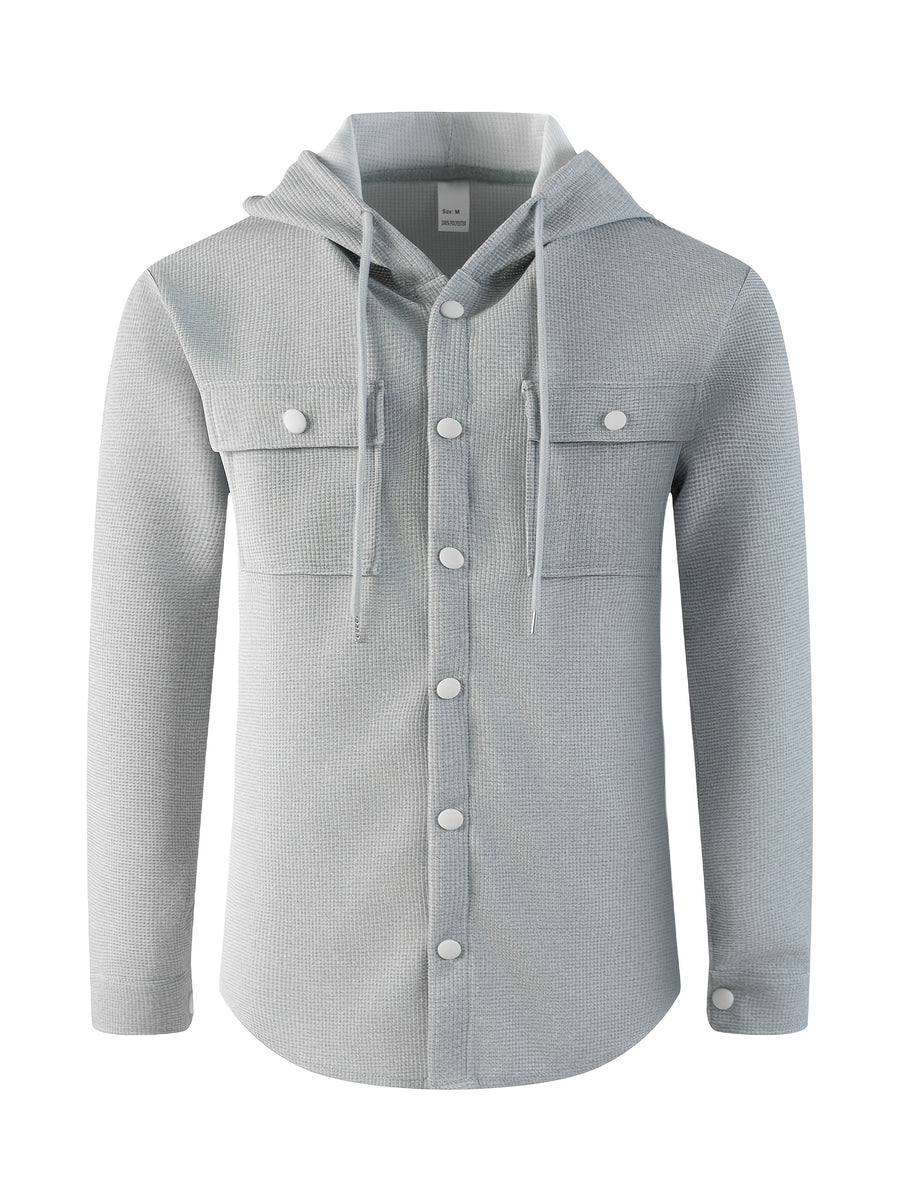 Men'S Waffle Knit Hooded Jacket - Button-Up Workwear Coat - Casual Jacket with Pockets - Spring And Autumn Commute Outfit - Korean Style for Outdoor Activities, Camping, Hiking - Grey