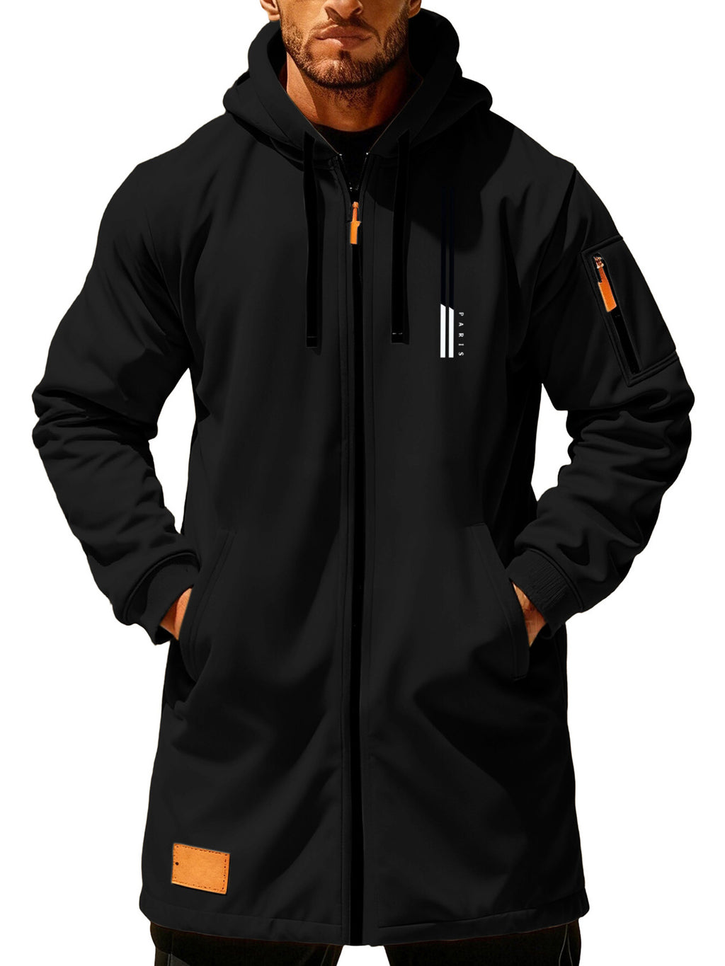 Men'S Casual Hooded Long Jacket PARIS Striped Logo Print Side Seam Zipper Detail Leather Decorative Label Drawstring Hat Collar Loose Daily Windproof Coat, Autumn Essentials - Black