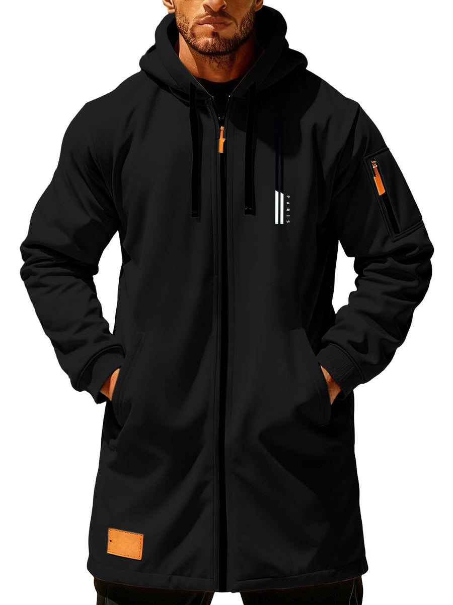 Men'S Casual Hooded Long Jacket PARIS Striped Logo Print Side Seam Zipper Detail Leather Decorative Label Drawstring Hat Collar Loose Daily Windproof Coat, Autumn Essentials - Black