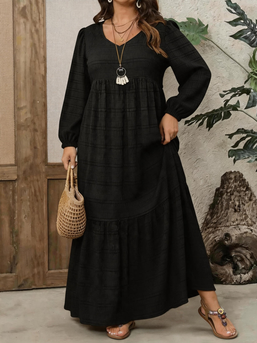 Plus Size, Plus Size Women's Solid Color Textured Long Sleeve Maxi Dress, V-Neck Puff Sleeve Waist-Cinching Layered Cake Dress, Loose Vacation Dress, Elegant Dress for Spring/Autumn/Winter - Black
