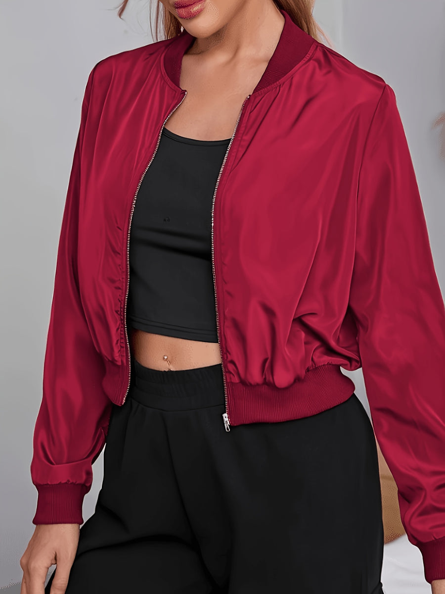 Elegant Women's Bomber Jacket - Casual Polyester, Machine Washable, Solid Color with Baseball Collar for Spring/Fall - Scarlet red