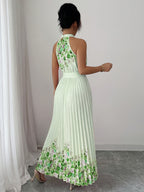 Fashionable New Women'S Summer Halter Floral Print Pleated Dress - Green
