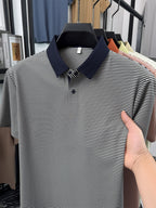 Men's Short-Sleeve Lapel Polo Shirt - Breathable Summer Business Casual T-Shirt with Striped Collar, Half-Sleeve Suitable for Office, & Semi-Formal Wear - Tongsen Store 1 (Regular Fit) - Navy Color