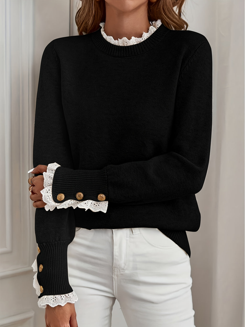 One Autumn-Winter Women's High-End Elegant Pullover with Lace Detail, Item Number ZJ1204018 - Black
