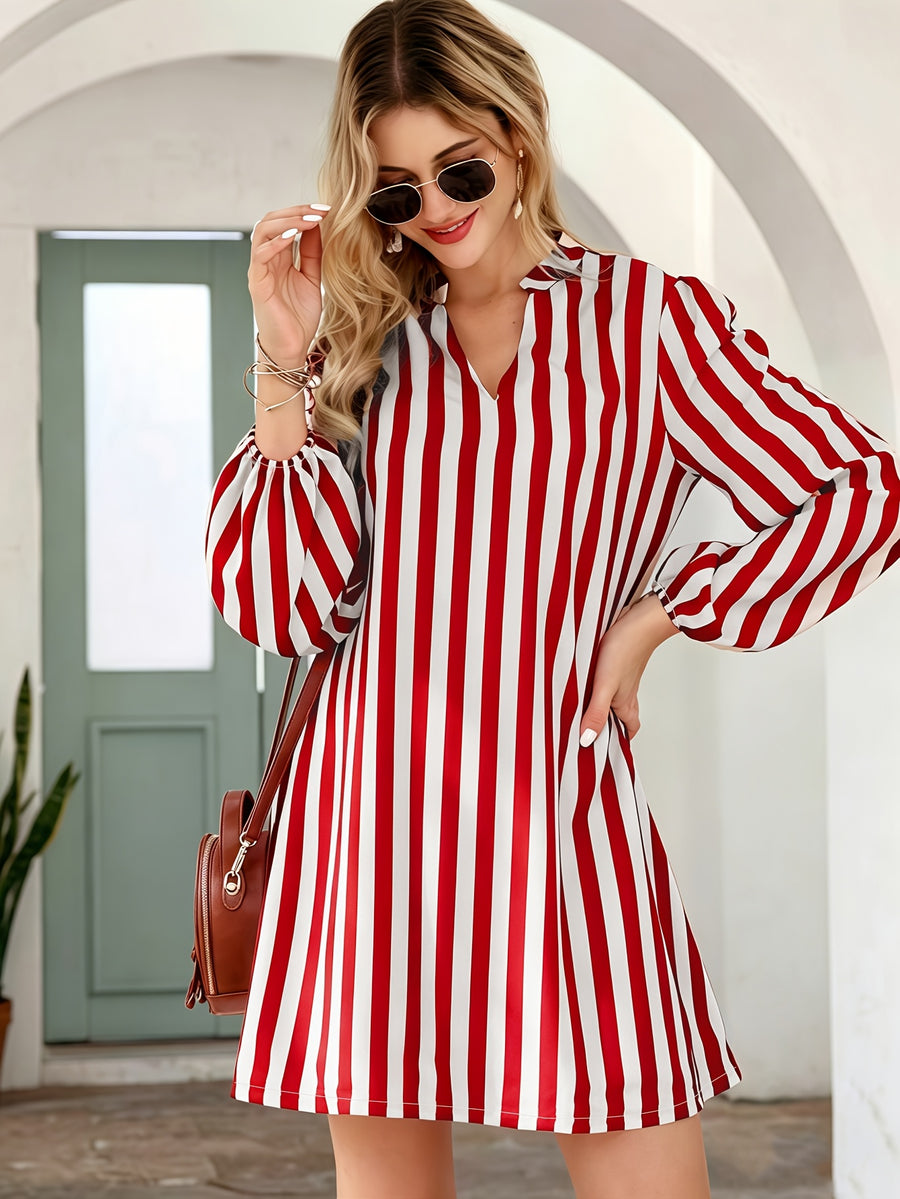 Women'S Friends Kasaya Striped Slit Neck Waist-Cinching Dress - Brick Red