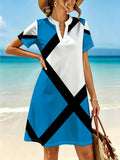 Printed Design – Not Textured New European and American Women's Fashion Casual Dress Spring/Summer Color-Block Geometric Cross Color Digital Print Dress Daily Casual Comfortable Dress Trendy Fashion Versatile Skirt - Blue