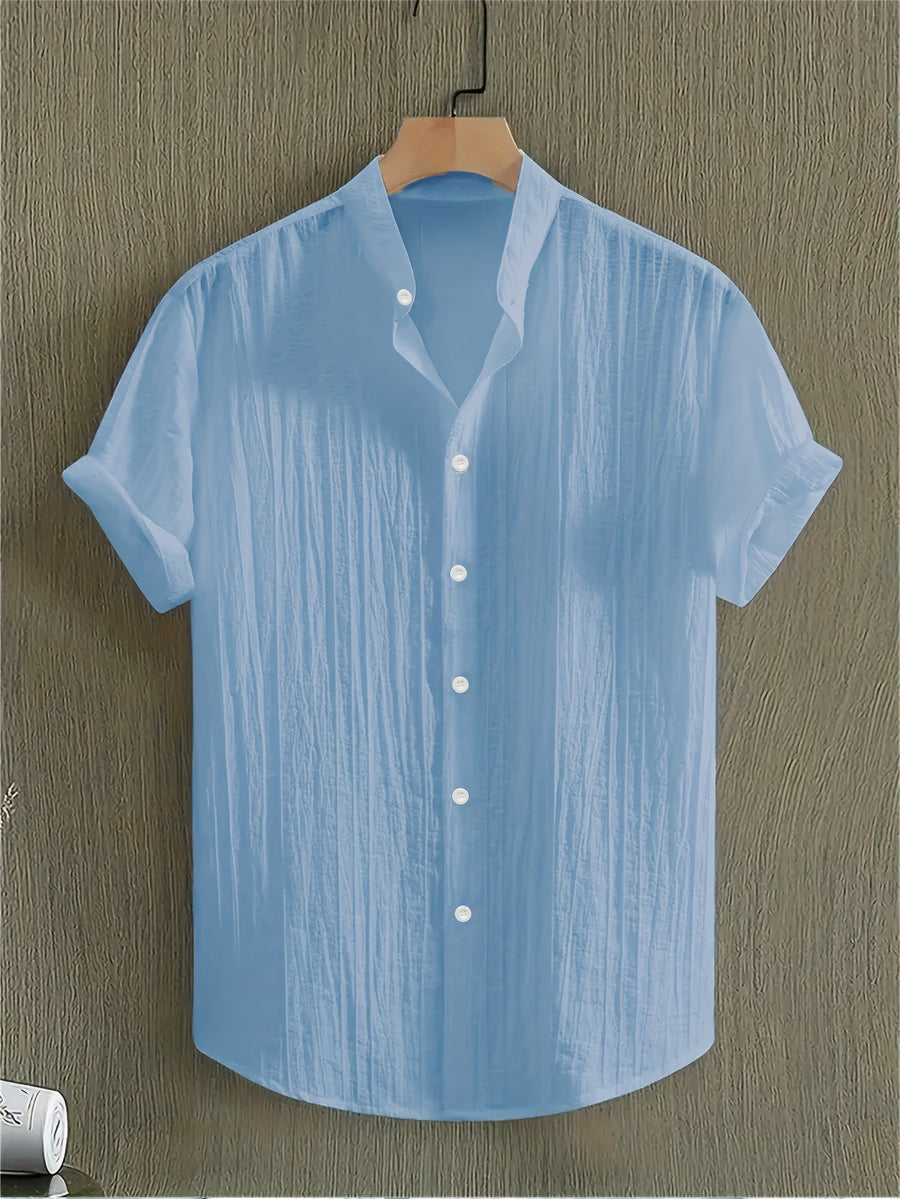 Pearson OBM Men's Summer Solid Color Semi-Transparent Short Sleeve Casual Stand Collar Shirt, Button-Up Fashion Versatile Shirt for Beach Vacation Pool Party - Sky Blue