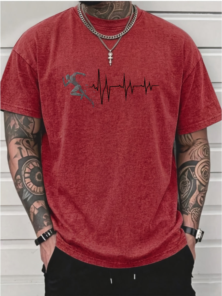 Men's Washed Short-Sleeve T-Shirt, Made of Pure Cotton Fabric That Is Breathable and Skin-friendly. The Relaxed Fit Is Comfortable and Versatile. Features a Creative Print of a Runner on the Front + EKG, Combining Athletic Passion with the Rhythm - Red
