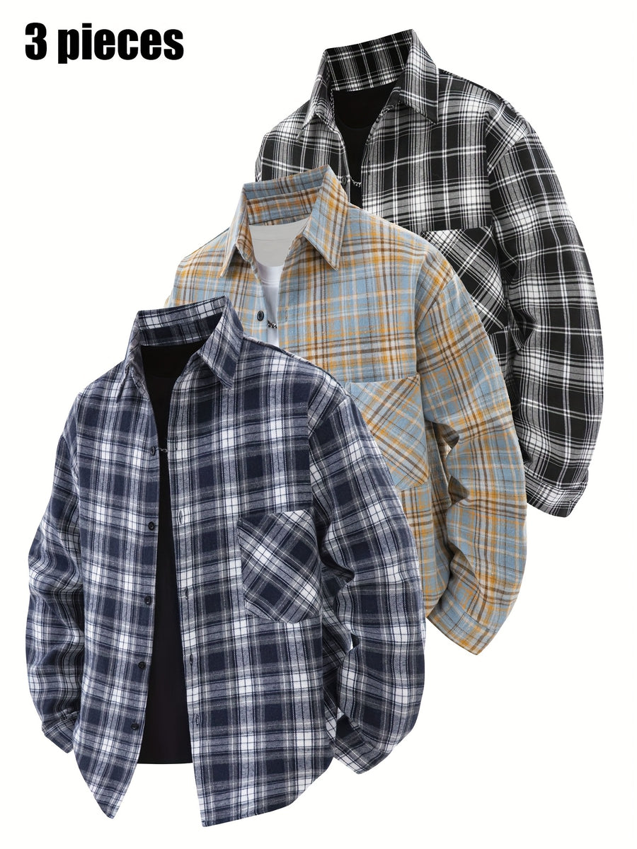 3pcs Set - Men'S Spring/Autumn Lapel Plaid Shirt Youth Outdoor Casual Trendy Top Men'S Fashion Versatile Jacket - Dark Blue + Yellow + Black