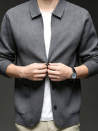 Men'S Lapel Single-Button Knit Cardigan, Spring/Autumn Outerwear, Winter Layering, Long Sleeve, Ribbed Cuffs And Hem - SINBOS - Gray Green