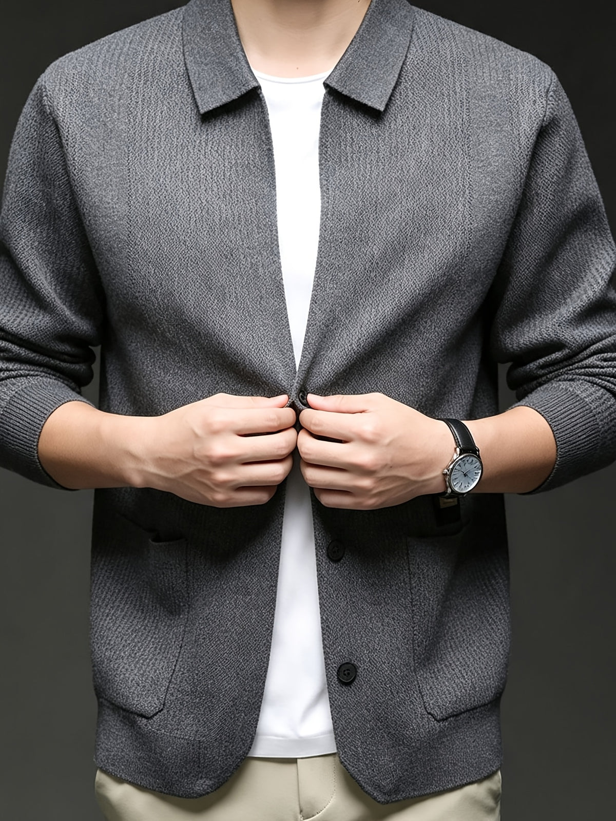 Men'S Lapel Single-Button Knit Cardigan, Spring/Autumn Outerwear, Winter Layering, Long Sleeve, Ribbed Cuffs And Hem - SINBOS - Gray Green