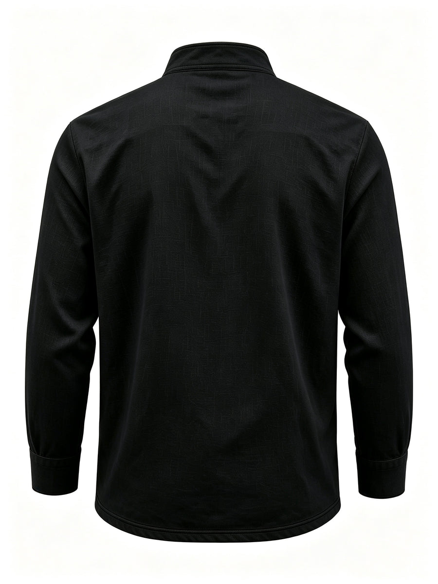 Men's Linen Long Sleeve Henley Shirt Stand Collar Loose Polo Shirt Men's Linen Zipper Casual Shirt - Black