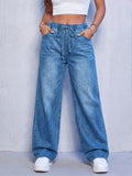 Fashion High-Waist Elastic Waist/Drawstring Waist/Light Blue Loose Comfortable All-Match Casual Wide-Leg Women'S Jeans, Classic All-Match Floor-Length Trousers, Casual Outing/Home/Commute/Y2K/Office Wear/Women'S Denim Trousers - Vibrant Blue