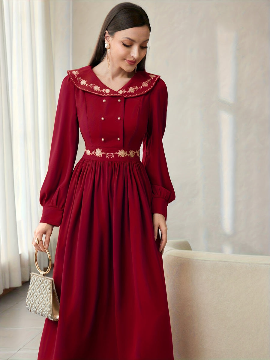 Vintage Lapel Heavy Craft Embroidered Long Sleeve Dress - Burgundy