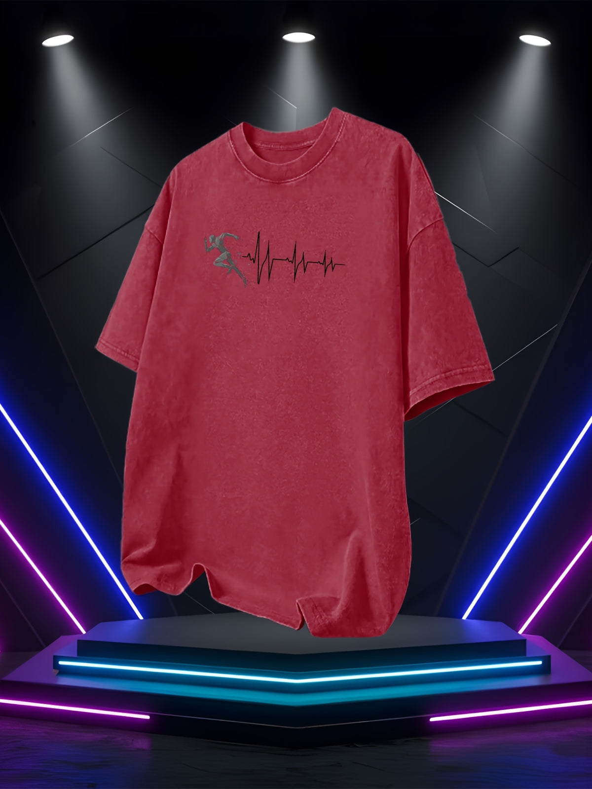 Men's Washed Short-Sleeve T-Shirt, Made of Pure Cotton Fabric That Is Breathable and Skin-friendly. The Relaxed Fit Is Comfortable and Versatile. Features a Creative Print of a Runner on the Front + EKG, Combining Athletic Passion with the Rhythm - Red