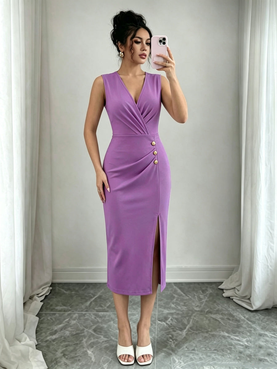 V Neck Ruched Bodycon Midi Dress, Women's Sleeveless Golden Button Side Slit Elegant Formal Dress for Work & Party - Purple
