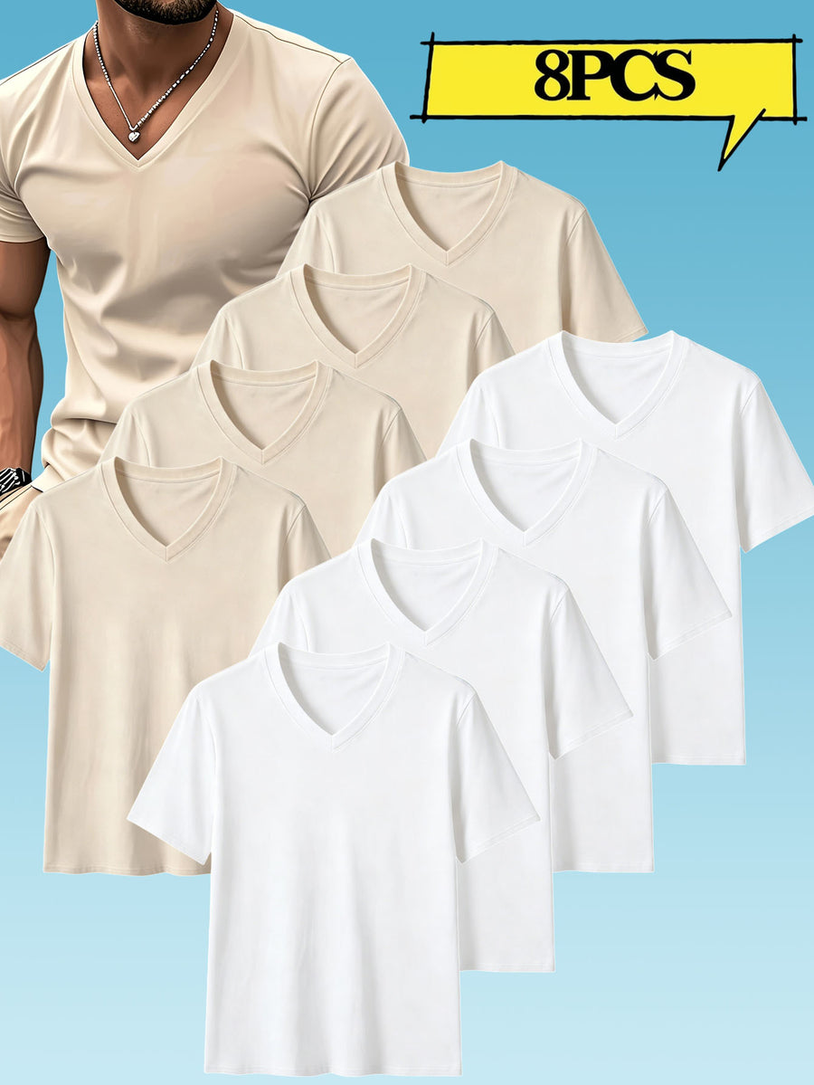 8pcs Men's Casual Knit Ribbed V-Neck T-Shirt / Soft and Comfortable Fabric / Short Sleeve / Solid Color / Crew Neck / Back-to-School Season, Casual Sporty Design Top, Multiple Colors Available, Suitable for Summer Daily Wear - 4pcs White+4pcs Apricot