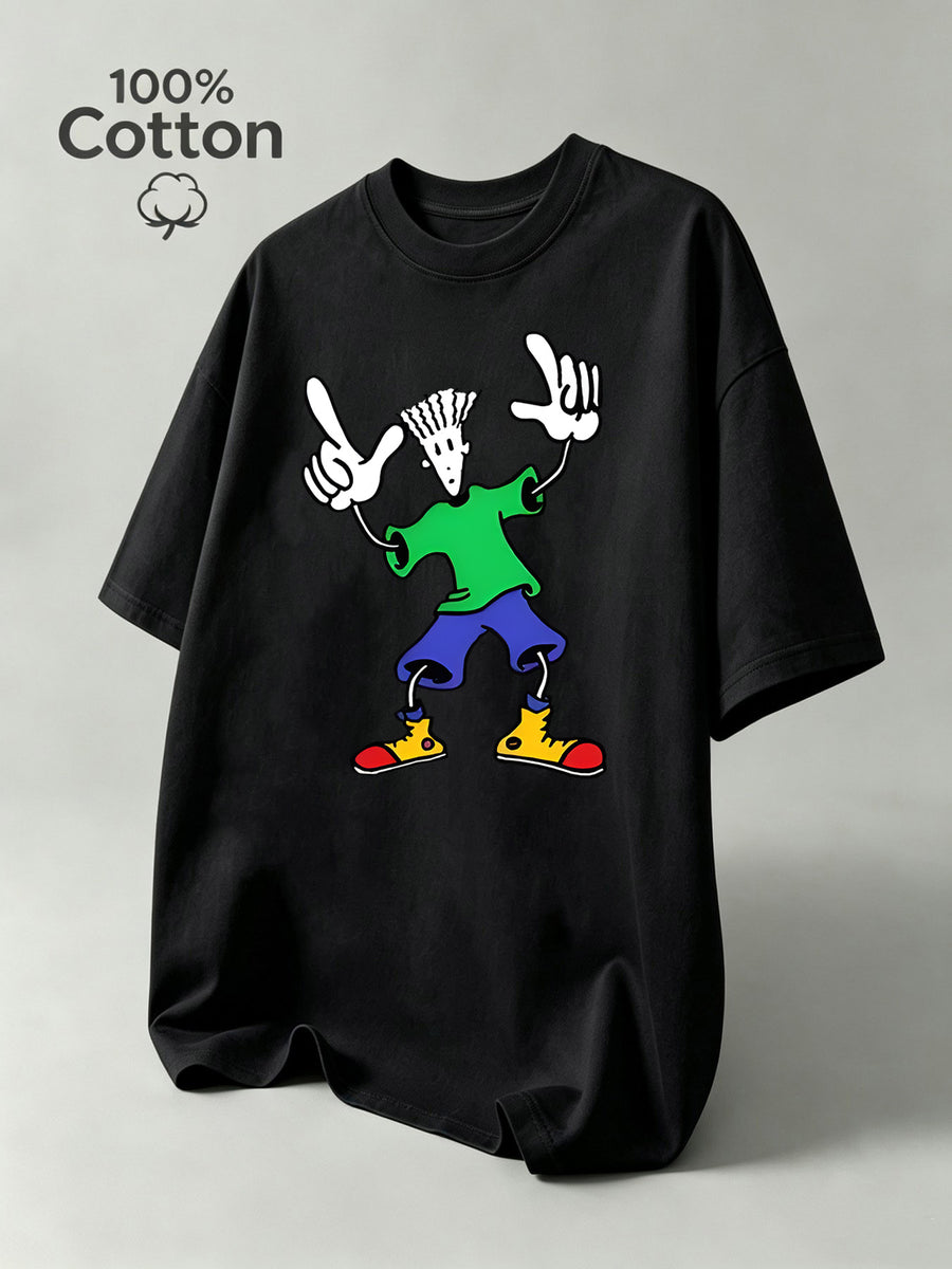 New Summer Cartoon Men's Casual Sport Fitness Pure Cotton Short-Sleeve Shirt, Moisture-Wicking and Sweat-Absorbing, Comfortable for Casual Streetwear and Outdoor Sports Fitness - Black