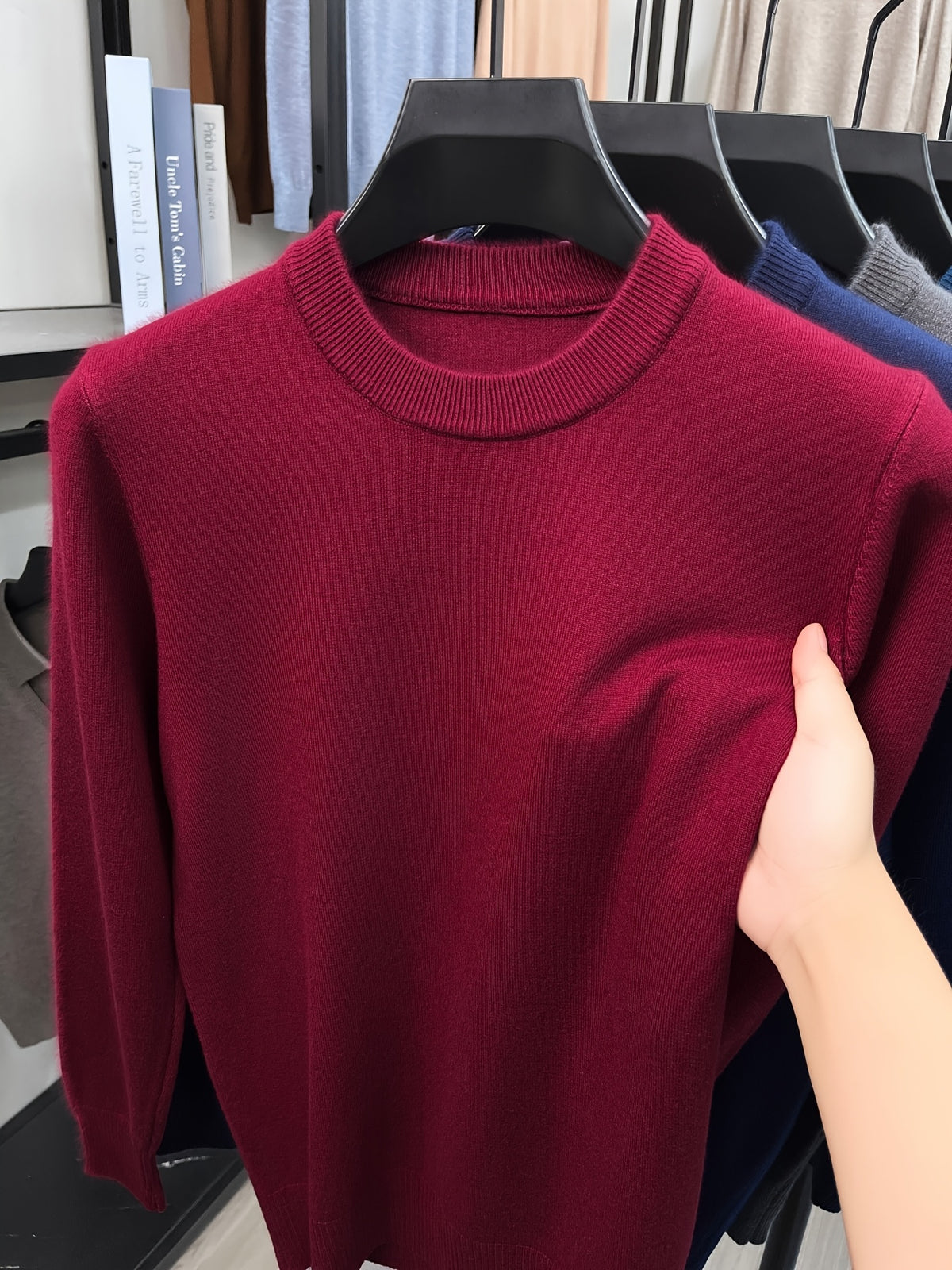 [Wading Whale OBM] 1pc Spring/Autumn New Men'S Knit Pullover Sweater, Old Money Style Solid Color Striped Round Neck Long Sleeve Knit Pullover for Men, Business Casual Fashion Striped Sweater, Suitable for Spring, Autumn - Burgundy