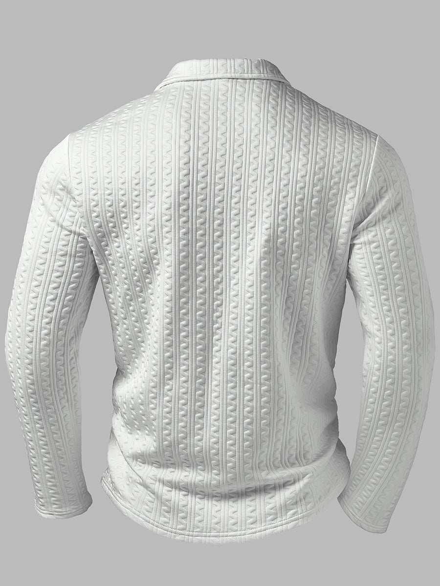Men's Fashion Men's Top Autumn/Winter Textured Jacquard Fabric Lapel Single-Breasted Long Sleeve Men's Polo Shirt - White