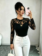 Women'S Spring Summer Autumn Exquisite Elegant Black Contrast Mesh Round Neck Short Sleeve Fitted Jumpsuit Lace Patchwork Jumpsuit - Black