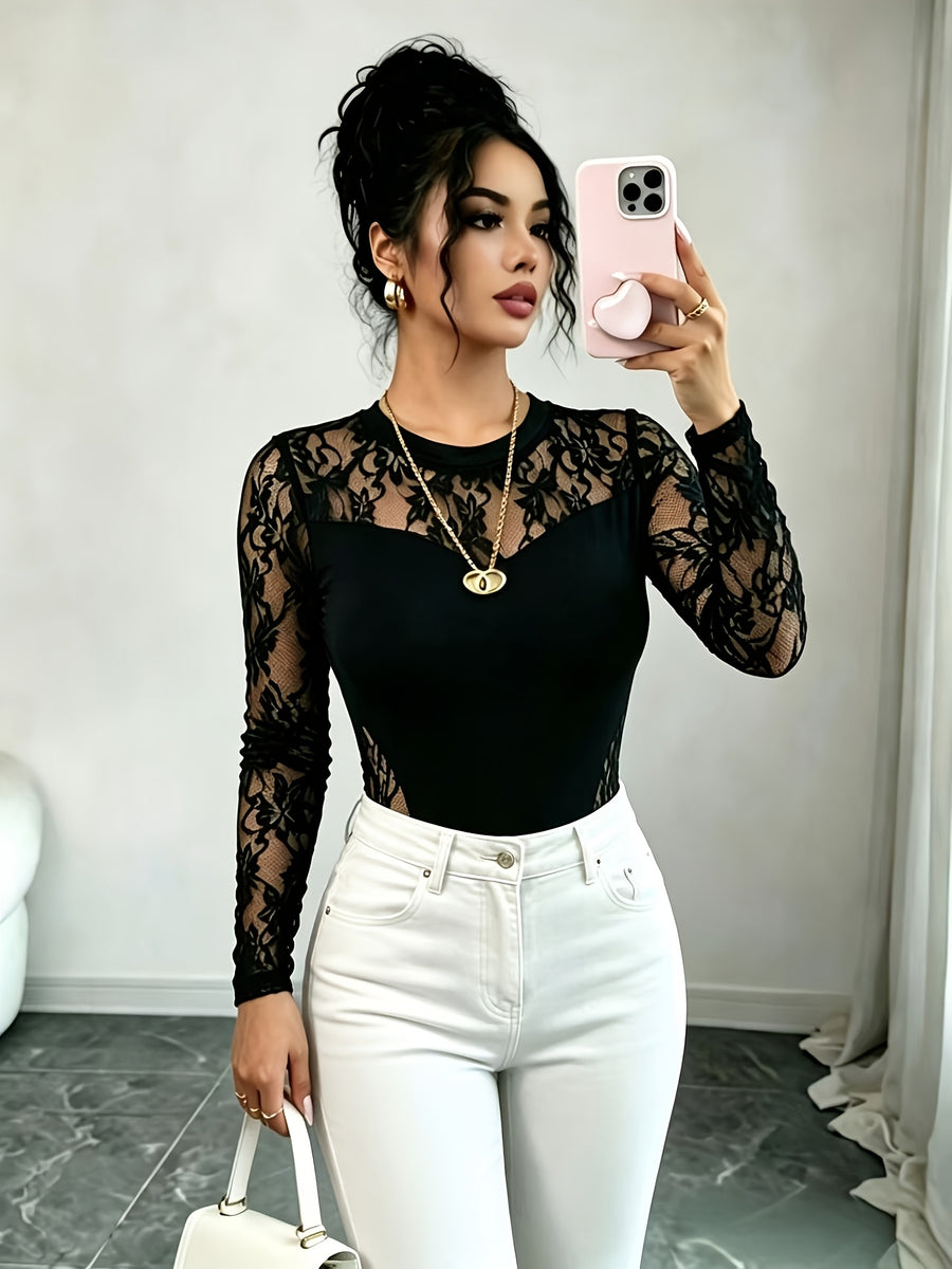 Women'S Spring Summer Autumn Exquisite Elegant Black Contrast Mesh Round Neck Short Sleeve Fitted Jumpsuit Lace Patchwork Jumpsuit - Black