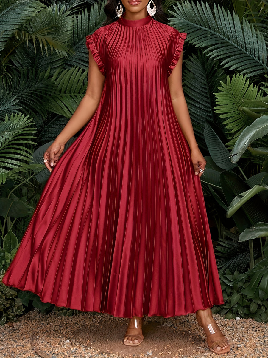 Satin Pleated Flutter Sleeve Long Women's Dress, Bridesmaid Dress, Loose Fit, Casual, Vacation, Elegant, Party, All Seasons, Birthday, Event Gown, Office Dress, Spring/Summer Dress - Burgundy