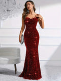 Elegant Light Luxury Red Sequin Mermaid Gown, Formal Evening Party Dress, High-End Evening Gown - Red