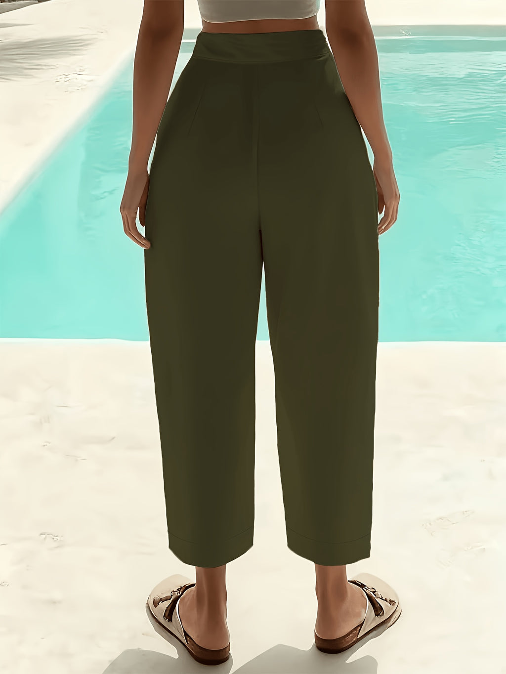 Women'S Casual Solid High-Waist Capri Pants - Comfortable Elastic Waist, Pocketed Perfect for Spring And Fall - Olive Green