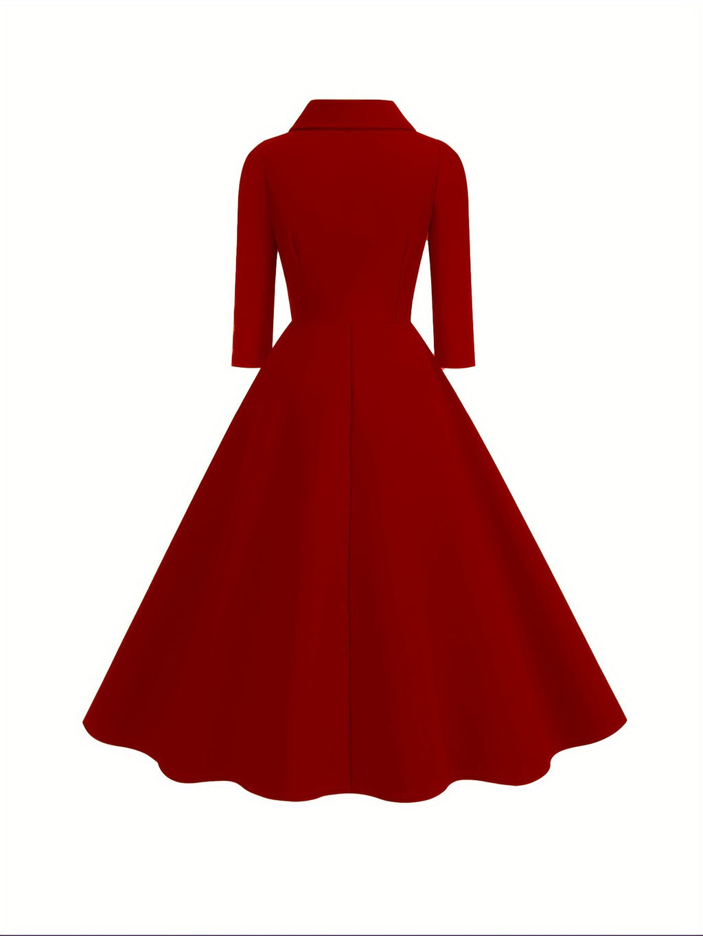 Collared Button Waist-Cinching Slim Fit Vintage Style 50S Elegant Long Sleeve Dress - Deep Red