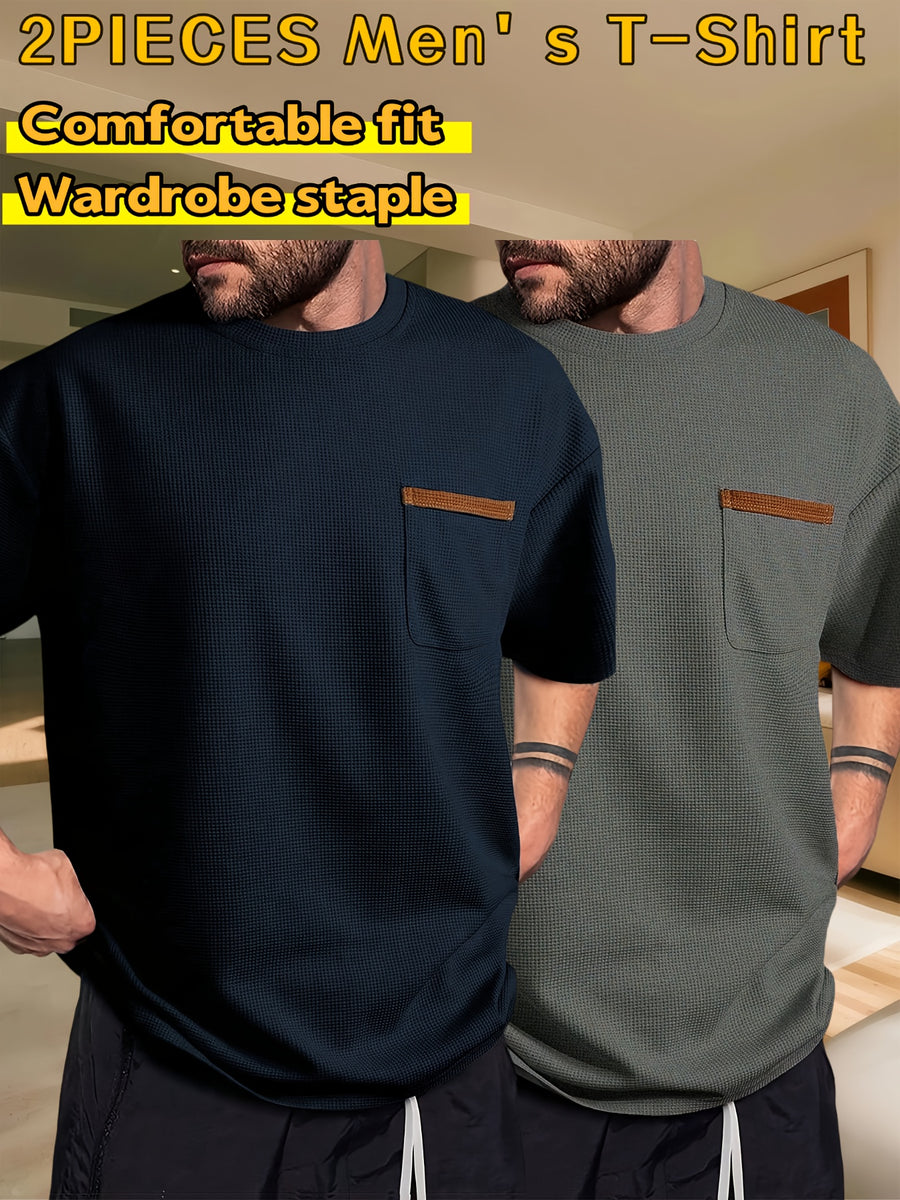 Men's Waffle-Knit Short Sleeve T-Shirt - Breathable Base Layer & Casual Round Neck Pocket Tee, Solid Color Suitable for Gym, Casual Attire, Machine Washable, Spring/Summer Layering Shirt, High-Fit Rate for Lifestyles - Navy Blue+Dark Grey