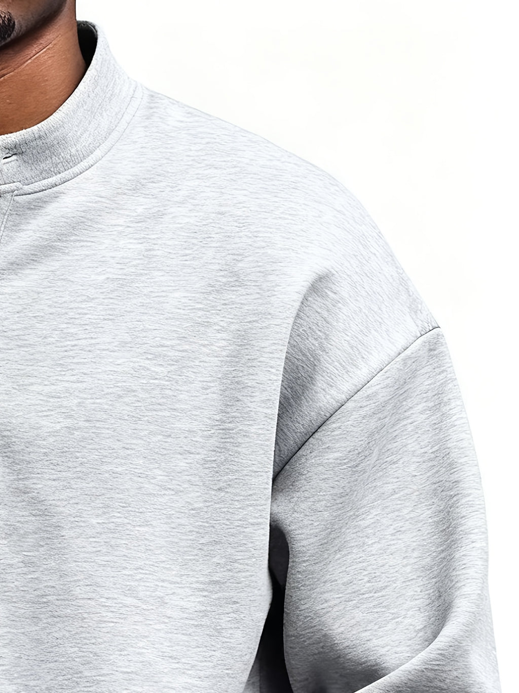 Men'S Spring Autumn Stand-Collar Pullover Sweatshirt, Button-Front Design Loose Long Sleeve Top, Solid Color Casual Wear Suitable for Daily Outings - Light Grey