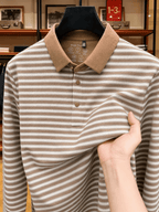 Men's Thin Striped Lapel Long Sleeve Polo Top, Wrinkle Free Loose Casual Long Sleeve T-Shirt, Business Basic Apparel for Middle-aged Dads, Spring Autumn Clothes for Golf, Fishing, Tennis Daily Wear - Pumpkin Color