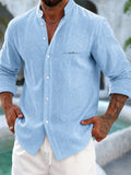 Men'S Faux Linen Long Sleeve Shirt: Lightweight Button-Up Stand Collar Solid Color Formal to Casual Style, Comfortable Breathable Pattern, Suitable for Beach, Office, Party Business, Daily Trendy Wear, Machine Washable Fashion Shirt - Sky Blue