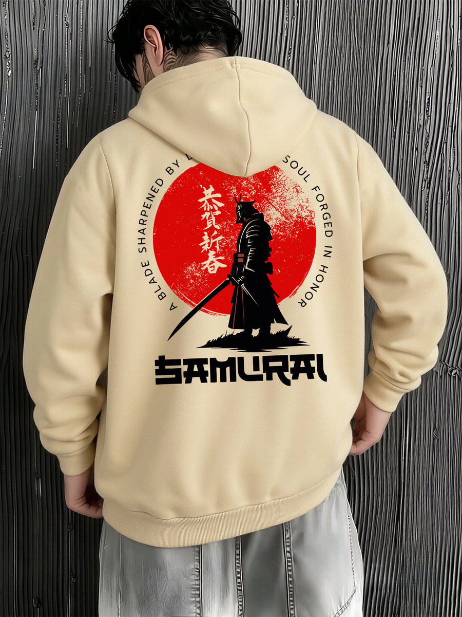 Men'S Fashion Hooded Sweatshirt, with Kangaroo Pouch And Drawstring Hood, Red Sun Samurai Print Japanese Style Comfortable Casual Warm Suitable for Autumn And Winter - Apricot