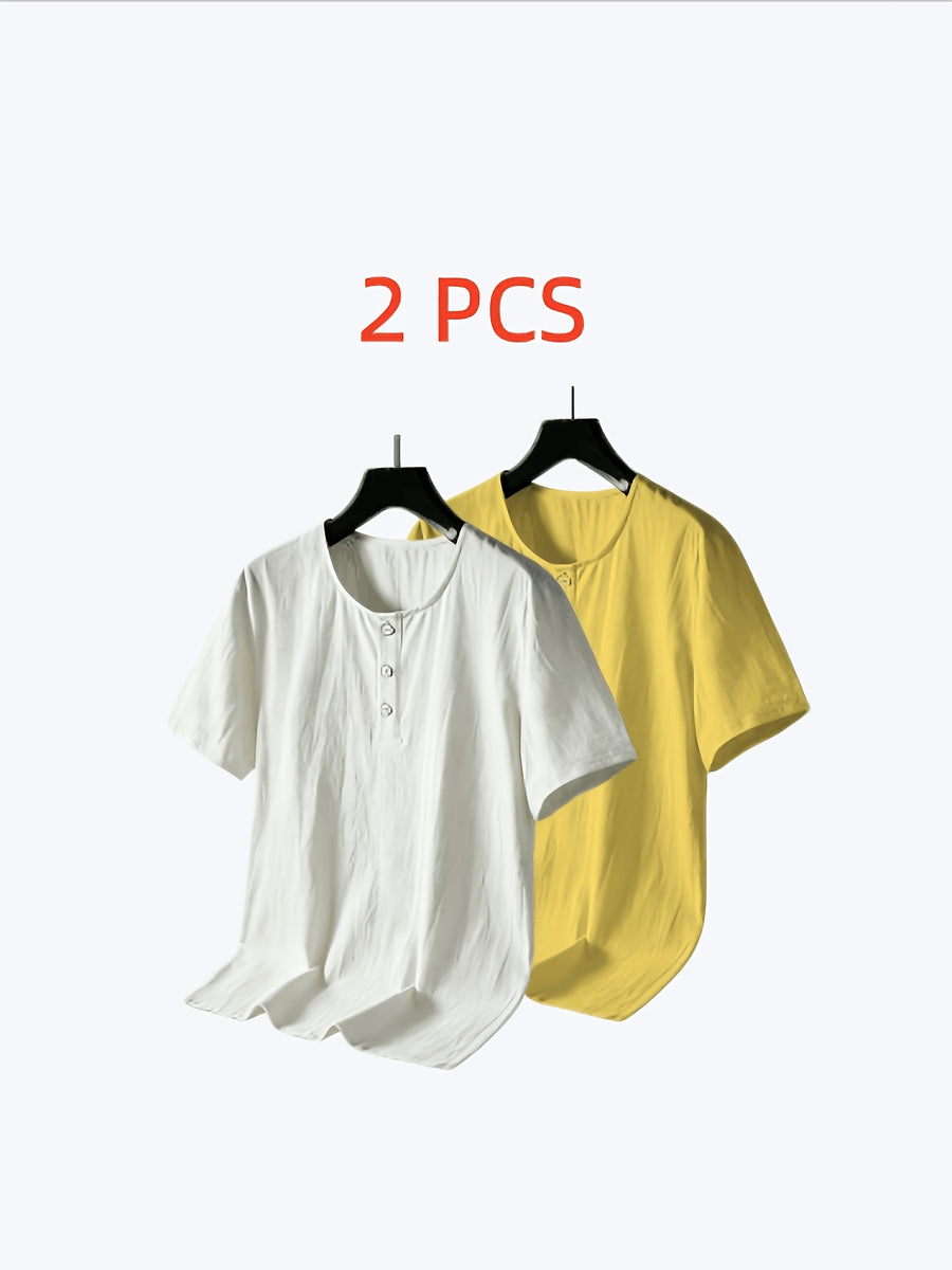 2pcs Washed Wrinkled Textured Crew Neck Henry Short Sleeve T Shirt Set Half Placket Multi Buttons Loose Drop Shoulder Men Island Vacation Solid Breathable Casual Tee Twin Set - White + Yellow
